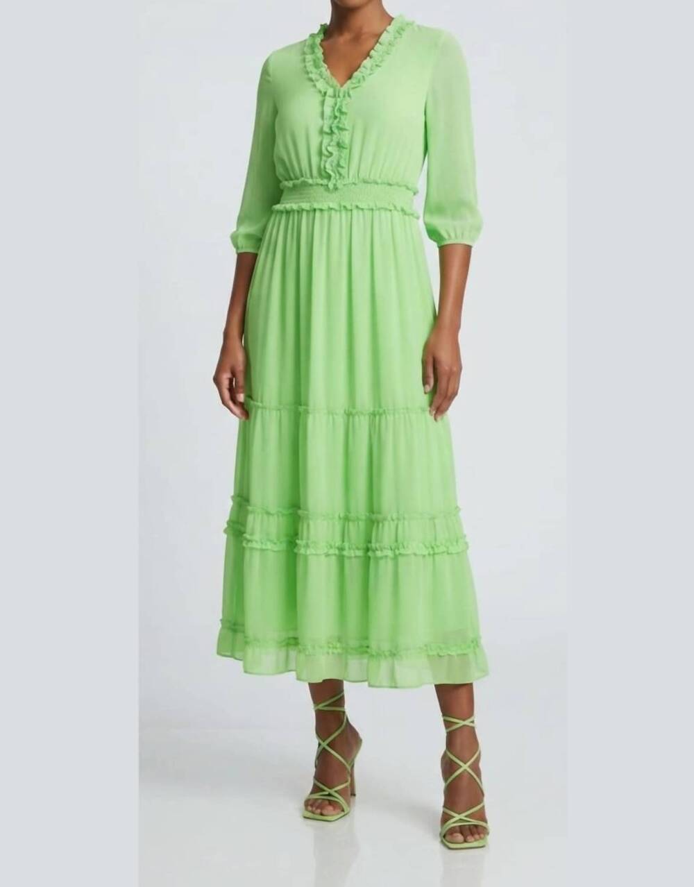 NEW NICOLE MILLER smocked waist tiered maxi dress in summer green
